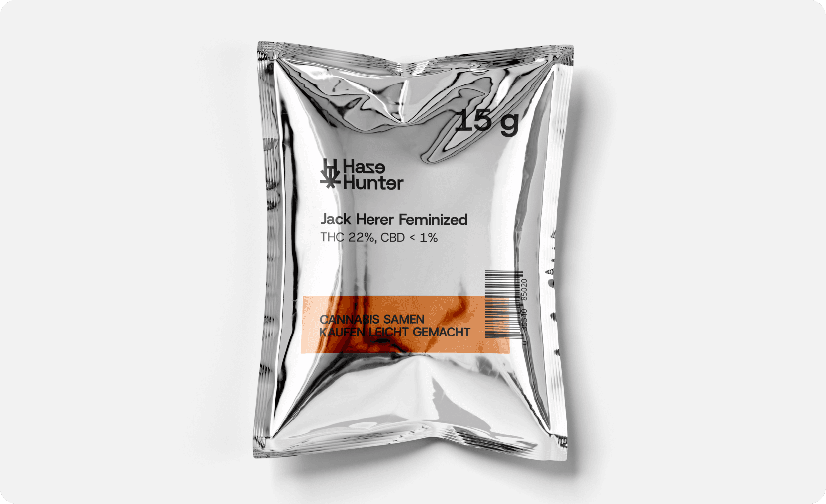 Hazehunter product packaging mockup showing a silver cannabis seed pouch with the Hazehunter logo, strain details, weight, and barcode.