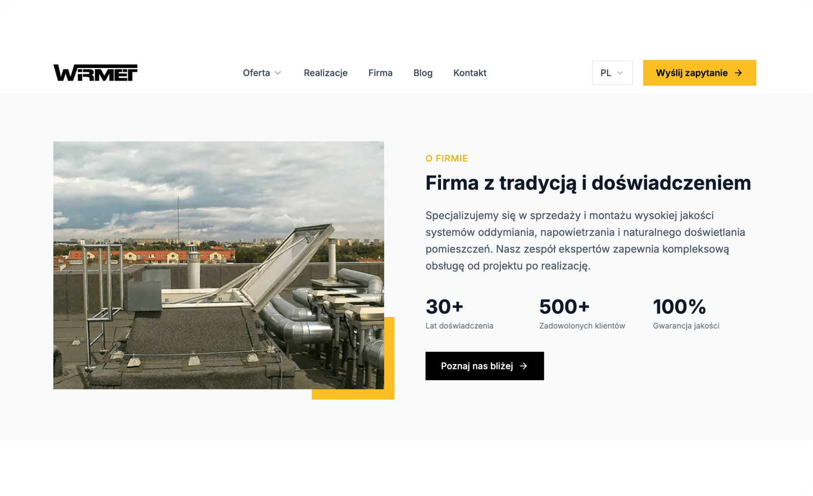 Wirmet landing page section presenting the company’s experience in ventilation and natural lighting systems, with a rooftop installation photo, key statistics, and a call-to-action button.
