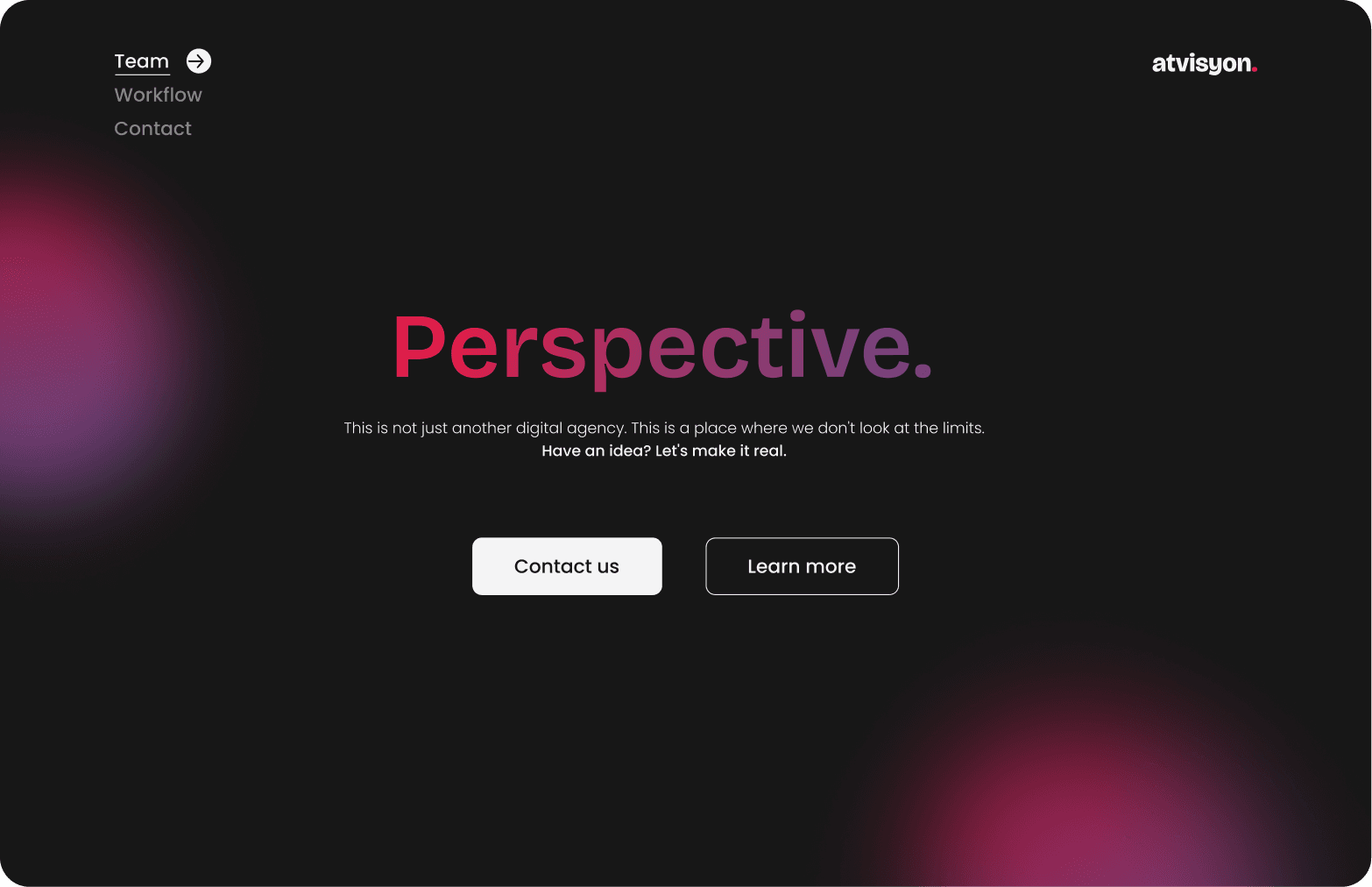 Atvisyion software house landing page hero section with a dark gradient background, navigation links, a large “Perspective.” headline, and contact and learn more buttons.